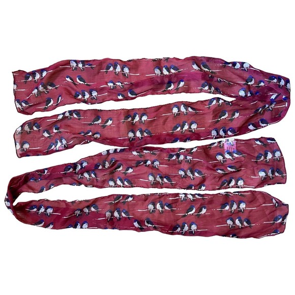 Pair Lightweight Bird Print Scarf, Maroon, Fashion Scarf, Hair Tie, Summer Wrap - Picture 1 of 7